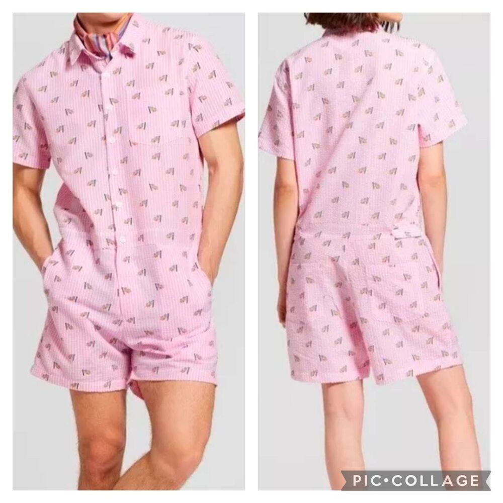 Mad Engine Unisex Gay Pride Flag Print Striped Button Front Romper, Small (w8)